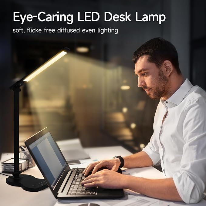 Led Desk Lamp with USB Charging Port, 5 Lighting Colors & 10 Brightness Reading Lamp, Foldable Dimmable LED Desk Light, 3000-6500K, Violin Shape Black Lamp Desk Lamps for Home Office