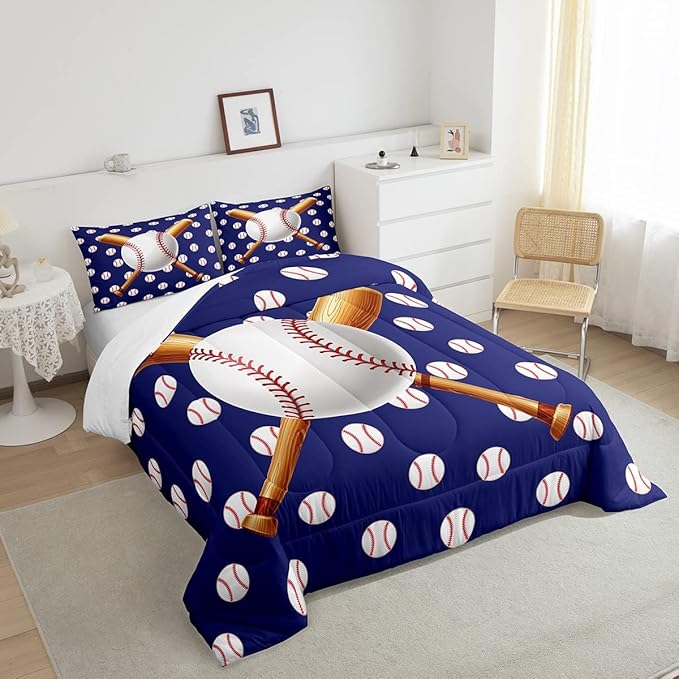 Feelyou Baseball Comforter Set Sports Bedding Set Ball Comforter for Kids Boys Girls Baseball Games Blue Duvet Set Room Decor Quilt Baseball Bat Print Twin Size Boys