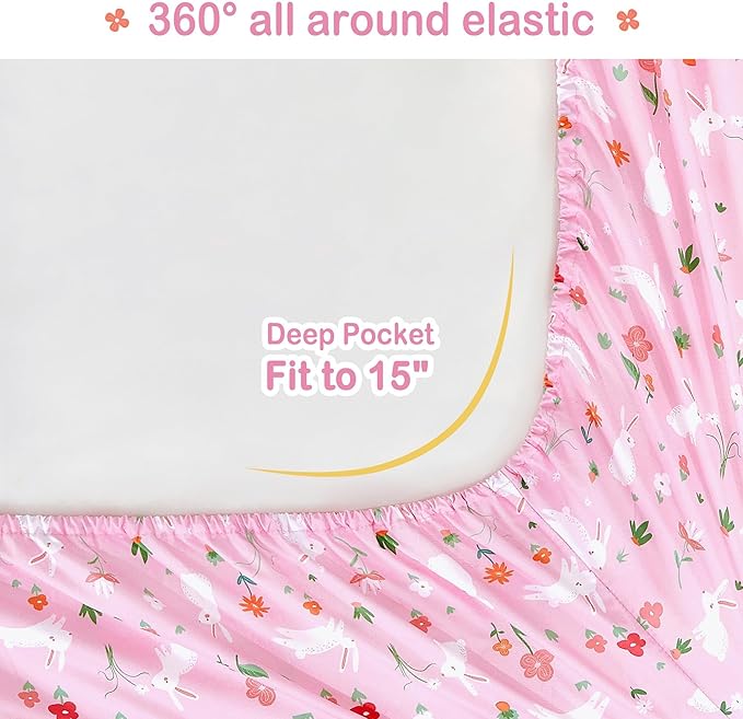 Mooreeke Bed in a Bag for Kids Girls Teens, 5 Pieces Twin Size Comforter Bed Set with Shams, Sheet Set, Rabbit Pink Super Soft Microfiber Kids Comforter Bedding Set