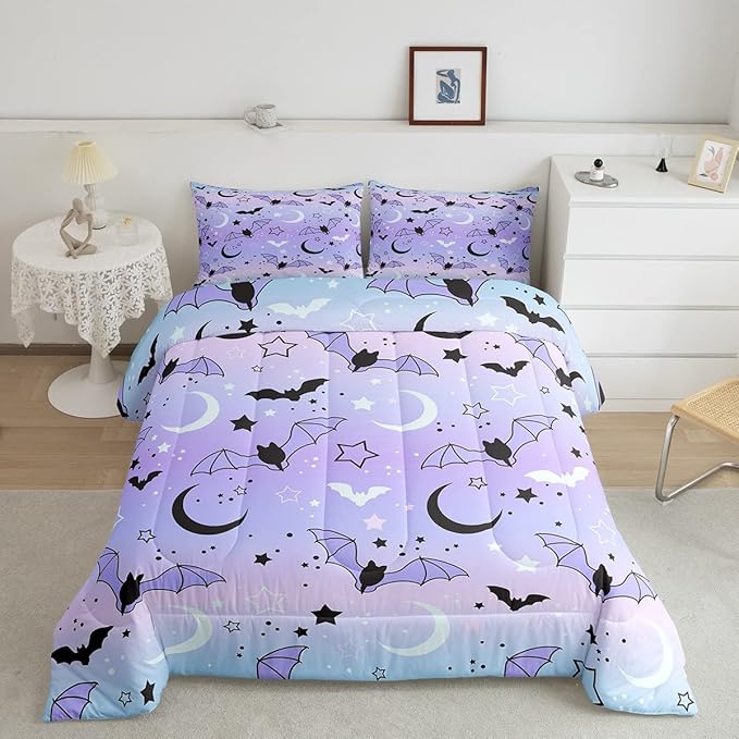 Feelyou Halloween Comforter Rainbow Comforter Set for Boys Girls Children Bat Moon Star Print Bedding Set Halloween Theme Purple Gradient Style Room Decor Queen Size Duvet Set 3Pcs