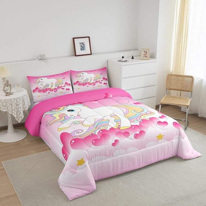 Girls Unicorn Comforter Set Queen Girly Fantasy Rainbow Unicorn Bedding Set for Kids Little Girls, Pink Love Heart Duvet Sets Dreamy Horse Cartoon Magical Animal Down Comforter with 2 Pillowcases