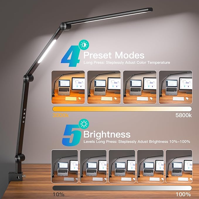 LED Desk Lamp, Desk Light for Home Office, Dual Light Source, Eye-Caring Optical Lens, 5 Color Modes & Brightness, 18W Brightest, Swing Arm Office Lamp, Puzzle Light, Clamp Lamp, Black