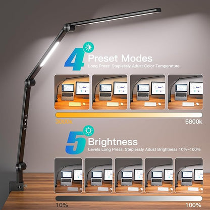 LED Desk Lamp, Desk Light for Home Office, Dual Light Source, Eye-Caring Optical Lens, 5 Color Modes & Brightness, 18W Brightest, Swing Arm Office Lamp, Puzzle Light, Clamp Lamp, Black