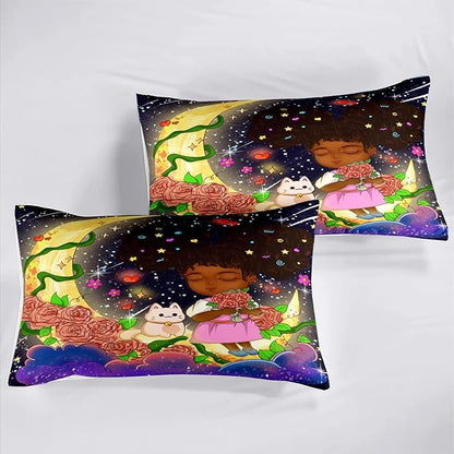 Black Girl Comforter Set - 3 Piece Black Girls Twin Comforter Set for Girls, All-Season Breathable Black Girl Bedding Set for Girls Bedroom Decor with,Queen Size, 1 Comforter + 2 Pillowcases