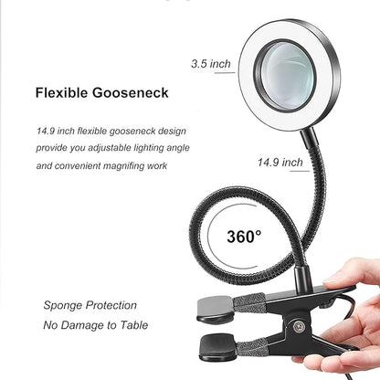 Desk Magnifying Glass with Light 5X, Clip on Desk Light with 3 Light Color, 5w LED Desk Lamp with Clamp 10 Adjustable Brightness, Flexible Gooseneck Craft Light Desk Lamps for Home Office