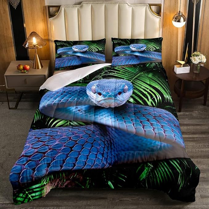 Erosebridal Snake Comforter Set Queen, Blue Snake Duvet Set, 3D Reptile Bedding Comforters, Blue Scales Quilt Set, Palm Leaf Wild Animal Stylish Quilted Duvet for Kids Boys Teens Man Bedroom Decor
