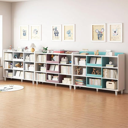 Wooden Cube Bookcase with Legs - 3-Tier Open Shelf Kidsroom Sorted Storage Cabinet Organizer for Books and Toys, 6-Cube Lattice Cute Cubby Bookshelf in Pearl White, 32" W