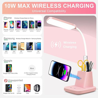 Sailstar Cute Desk Lamp, Pink Small Desk Lamp with Pen Holder, Wireless Charger LED Desk Lamps for Home Office, Kids Desk Lamp 800LM Gooseneck 3 Modes Dimmable Touch, Study Lamp for College Dorm Room