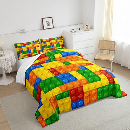 Feelyou Games Comforter Set Full Size Building Blocks Bedding Set for Kids Boys Girls Colorful Geometric Toy Brick Comforter Inner Fill Toddler Gaming Bedroom Nursery Quilt Duvet Set with 2 Pillowcase