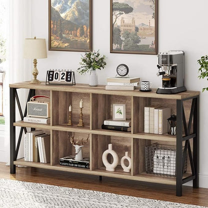 FATORRI 8 Cube Storage Organizer Bookshelf, Rustic Wood Cubby Bookcase, Industrial Horizontal Long Shelf for Living Room (Rustic Oak, 62 Inch)