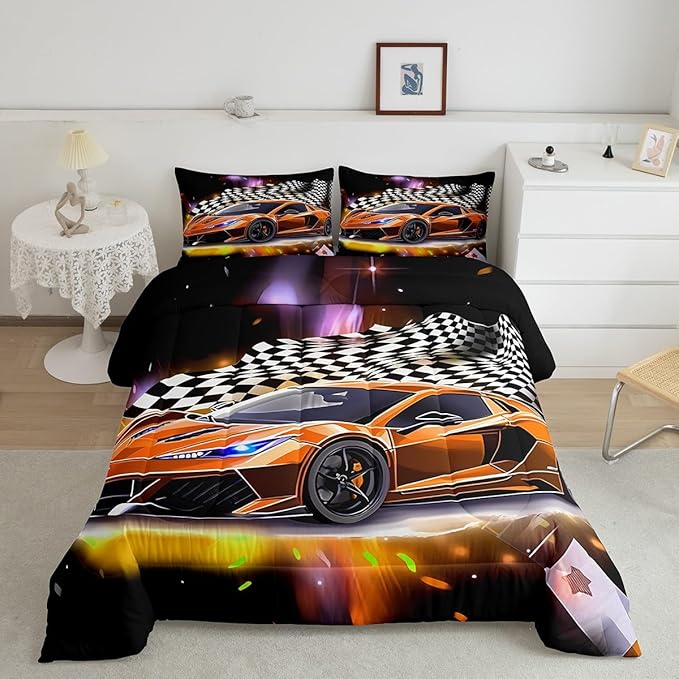 Feelyou Sports Car Comforter Set King Size, Orange Racing Car Bedding Set 3pcs for Kids Boys Teens Bedroom Cool Speed Luxury Car Decor, Black White Plaid Grid Print Quilt Set with 2 Pillowcases