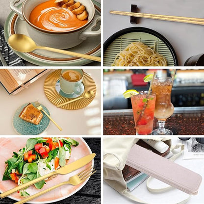 AARainbow 8 Pieces Stainless Steel Flatware Set Portable Reusable Cutlery Set Travel Utensils Set Including Chopsticks Knife Fork Spoon Straws Cleaning Brush Dishwasher Safe (B-Golden)