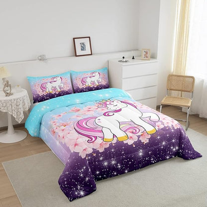 Unicorn Comforter Set Queen, Kids Unicorn Floral Bedding for Girls Boys Children Bedroom Decor, Cherry Blossoms Glitter Down Comforter Galaxy Kawaii Quilt Set with 2 Pillowcases, Blue Purple Ombre