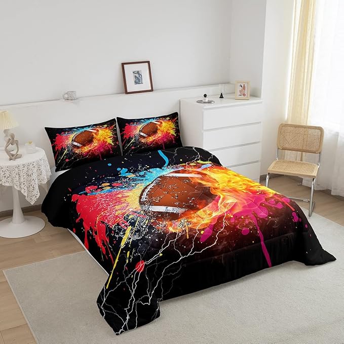 Erosebridal Football Comforter Set for Teen Boys Kids Hippie Tie Dye Sports Football Bedding Sets Rugby Bed Quilt Set Twin Size 1 Comforter and 1 Pillow Case Colorful Sport Theme Bedroom Decor