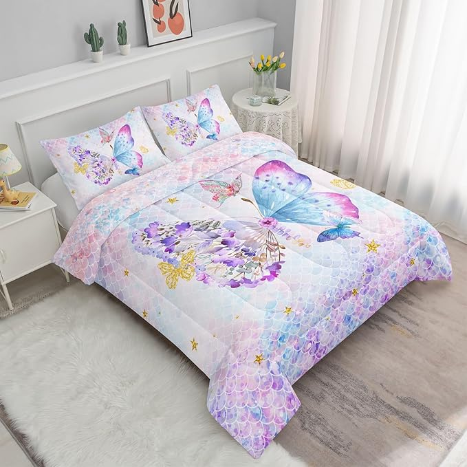 Datura home Butterfly Comforter Set Scales Butterfly Printed Quilt Bedding Set with 1 Comforter and 2 Pillowcases for Boys and Girls Bedroom All Season(Butterfly Scales Queen)