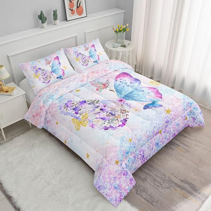 Datura home Butterfly Comforter Set Scales Butterfly Printed Quilt Bedding Set with 1 Comforter and 2 Pillowcases for Boys and Girls Bedroom All Season(Butterfly Scales Queen)