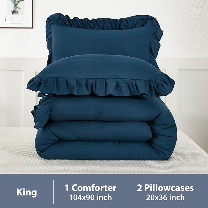 Andency Navy Blue Comforter Set King Size, 3 Pieces Boho Lightweight All Season Solid Bedding Comforters & Sets, Double Women Men Shabby Chic Bed Set(104x90In Comforter & 2 Pillowcases)