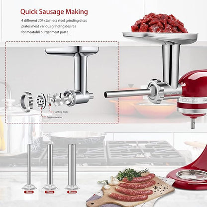 Stainless Steel Meat Grinder Attachment for KitchenAid Stand Mixer,Meat Grinder for KitchenAid Mixer Includes 3 Sausage Stuffer Dishwasher Safe Attachment by Gvode | Dishwasher Safe, Meat Grinder Attachment for KitchenAid Stand Mixer Includes 4 Grindin...