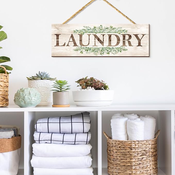 Wooden Sign Wall Decor 4 Piece, Rustic Wall Art, Farmhouse Wall Hanging Plaques for Bathroom Kitchen Laundry Pantry (4.7x13.7 inches)