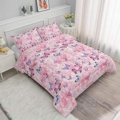 Datura home Kids Comforter Set Girls Pink Flower Butterfly Printed Pattern Quilt Bedding with 1 and 2 Pillowcases for Bedroom All Season(Pink Full) Full 80x90inches