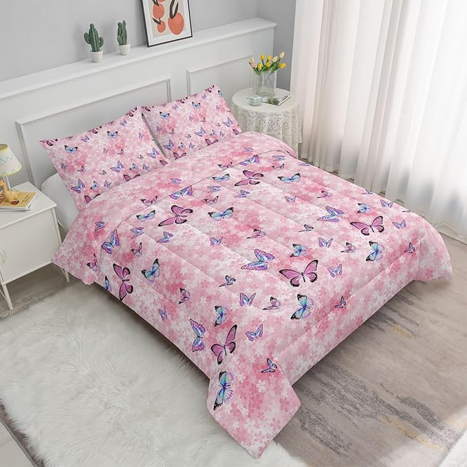 Datura home Kids Comforter Set Girls Pink Flower Butterfly Printed Pattern Quilt Bedding with 1 and 2 Pillowcases for Bedroom All Season(Pink Queen) Queen 90x90inches