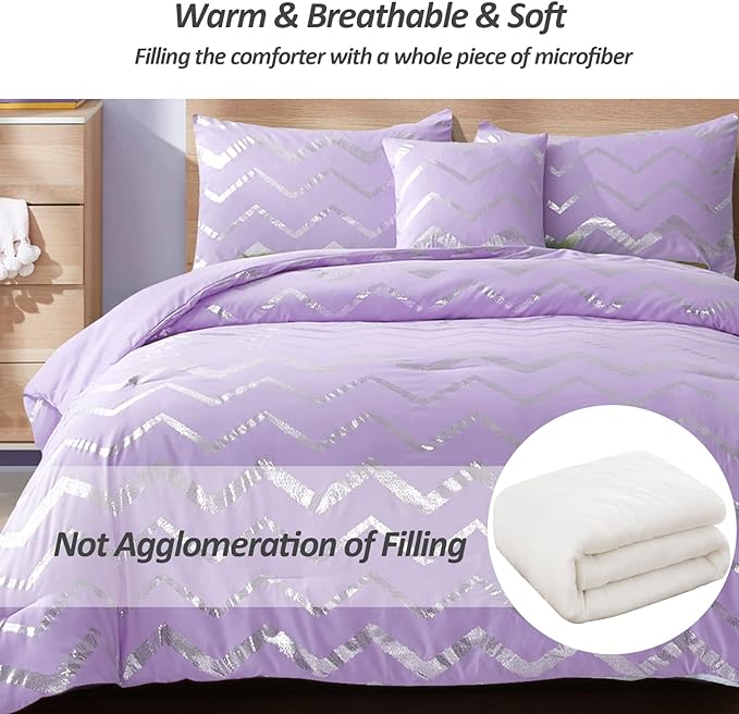 Purple/Silver Comforter Set Queen, Lavender Metallic Print Glitter Bedding Set Cute Shinny Lilac Bed Sets for Teen Girls Kids Women, 4 Piece (2 Pillowcases, 1 Decorative Pillow Sham)