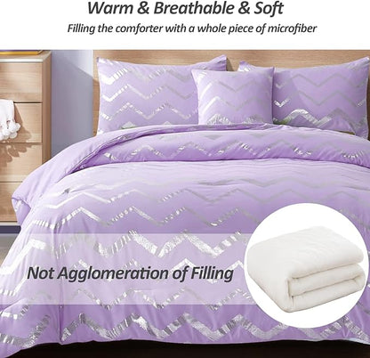 Purple/Silver Comforter Set Queen, Lavender Metallic Print Glitter Bedding Set Cute Shinny Lilac Bed Sets for Teen Girls Kids Women, 4 Piece (2 Pillowcases, 1 Decorative Pillow Sham)