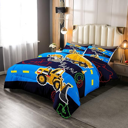 Truck Comforter Set Boys King Bedding Sets Kids Excavator Equipment Truck Down Comforter Construction Vehicle Quilt Duvet Set Cartoon Machinery Truck Gear Duvet Set Bulldozer Tractor Cars,Colorful