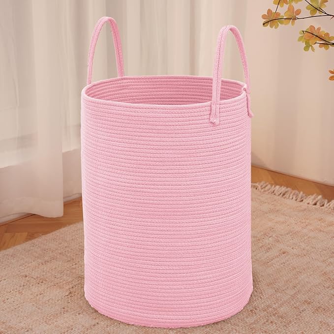 Large Woven Laundry Basket Hamper,60L Cotton Rope Storage Bin for Blankets,Toys and Clothes,Decorative Tall Nursery Hamper for Living Room,Baby Nursery,Bathroom and Bedroom,Pink