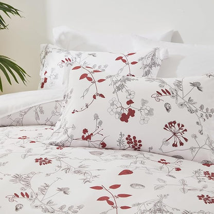 EMME Twin Comforter Set - Red Floral Bedding Set 5 PCS with Flowers Leaves Pattern, Soft Plant Printed Botanical Bed Set with Sheets, Fluffy Bed Bag for All Season(68"X90")