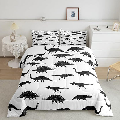 Erosebridal Dinosaur Down Comforter Dino Silhouettes Bedding Set King Size, Wildlife Animals Black White Comforter Sets for Kids Boys Teens Adult Bedroom, Dinosaurs Comforter with 2 Pillow Cases