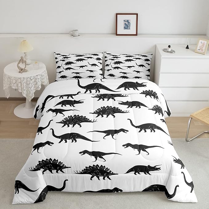 Erosebridal Dinosaur Comforter Set Dino Silhouettes Bedding Set Queen Size, Wildlife Animals Black White Duvet Sets for Kids Boys Teens Adult Bedroom Decor Dinosaurs Comforter with 2 Pillow Cases