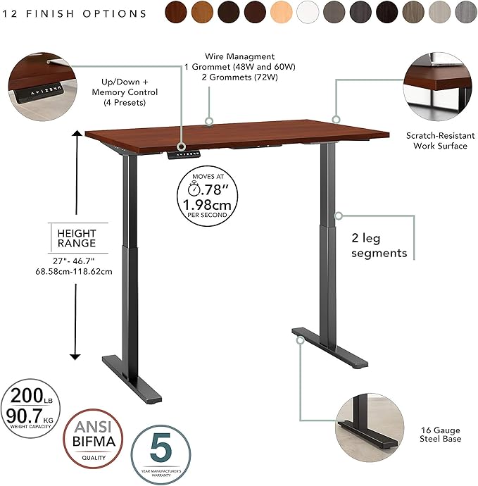 Bush Business Furniture Move 60 Electric Ergonomic Sit-Stand Computer Table for Home and Professional Office, 48W x 24D, Hansen Cherry