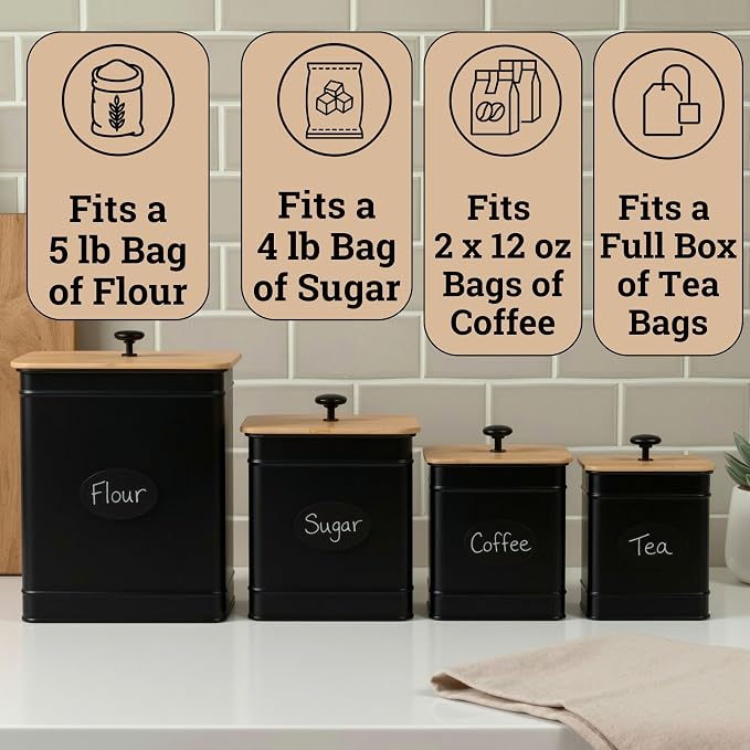 Kitchen Canisters for Countertop Set of 4 w/ Chalkboard Labels & Marker Pen | Airtight Easy Open Bamboo Lids, Dent-Resistant Thick Metal, Customizable Chalkboard Labels, Marker Pen Included, Set of 4