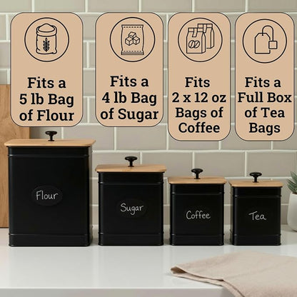 Kitchen Canisters for Countertop Set of 4 w/ Chalkboard Labels & Marker Pen | Airtight Easy Open Bamboo Lids, Dent-Resistant Thick Metal, Customizable Chalkboard Labels, Marker Pen Included, Set of 4