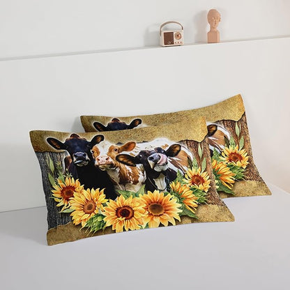 HOSIMA Farmhouse Animal Cow Comforter Western Bedding Sets,Kids Sunflower Comforter Twin Bed in a Bag for Girls Boys,Cow Print Bedding Room Decor,Floral Comforter Set with 2 Pillowcases.