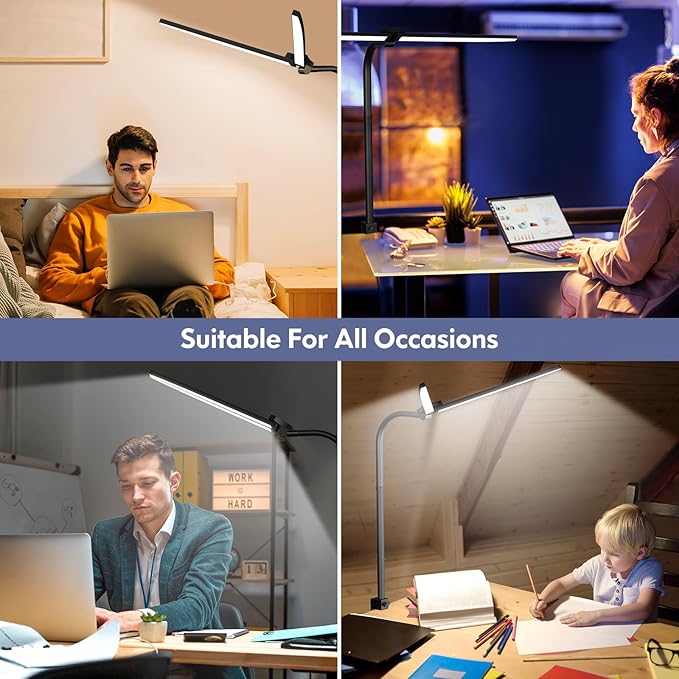 LED Desk Lamp for Home Office, Dual Head Architect Lamp with Clamp, Desk Light for Dual Computer Monitor, 24W 2000LM Dimmable, 2700K/4500K/6500K Adjustable, Gooseneck Desk Lighting for Workbench Study