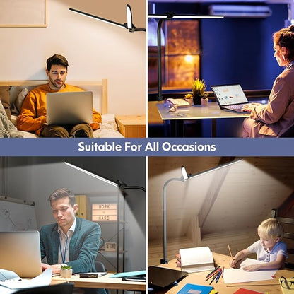 LED Desk Lamp for Home Office, Dual Head Architect Lamp with Clamp, Desk Light for Dual Computer Monitor, 24W 2000LM Dimmable, 2700K/4500K/6500K Adjustable, Gooseneck Desk Lighting for Workbench Study