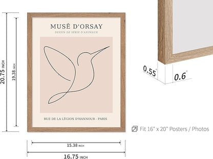 Poster Master Vintage Poster - Retro One Line Hummingbird Drawing Print - Bird Line Art - Minimal Gift for Him, Her, Animal Lover - Abstract Decor for Home, Office, 16x20 Beige Framed