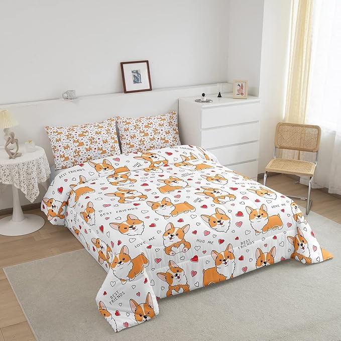 Feelyou Kids Kawaii Corgi Comforter Set Toddler Cute Dog All Season Down Comforter Boys Girls Cartoon Puppy Dog Bedding Set Lovely Animal Quilt Set Room Decor 3Pcs with 2 Pillow Case Queen Size