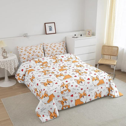Feelyou Kids Kawaii Corgi Comforter Set Toddler Cute Dog All Season Down Comforter Boys Girls Cartoon Puppy Dog Bedding Set Lovely Animal Quilt Set Room Decor 3Pcs with 2 Pillow Case Queen Size
