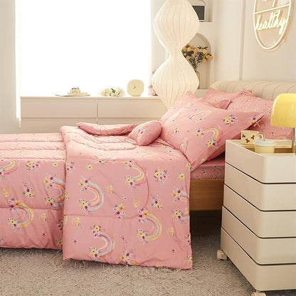 Mooreeke Twin Size Comforter Sets for Girls Kids, 6 Pieces Bed in a Bag Pink Rainbow Flowers Bedding Comforter Sheet Set with Shams and Decorative Toy Pillow, Ultral Soft Microfiber Kids Bed Set