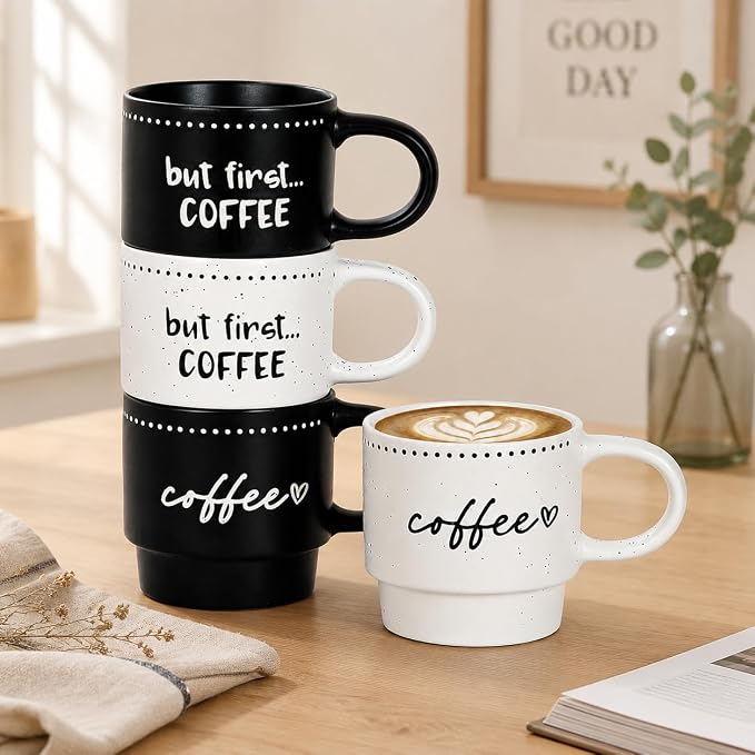10oz Stackable Coffee Mugs Set of 4, Modern Ceramic Coffee Mug | Coffee Cup for Man, Woman, Dad, Coffee Mug Set for Hot Drinks, Coffee, Cocoa & Tea, Latte Mugs Cup Set for Home & Office Use