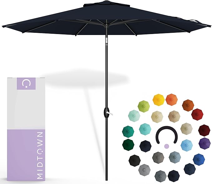 Midtown Umbrellas Sunbrella Umbrella 8 Feet Outdoor Umbrella With Sunbrella Canvas Navy Acrylic Fabric - Auto-Tilt Aluminum Frame Patio Umbrella For Backyard, Deck, Garden, Pool - Black Pole