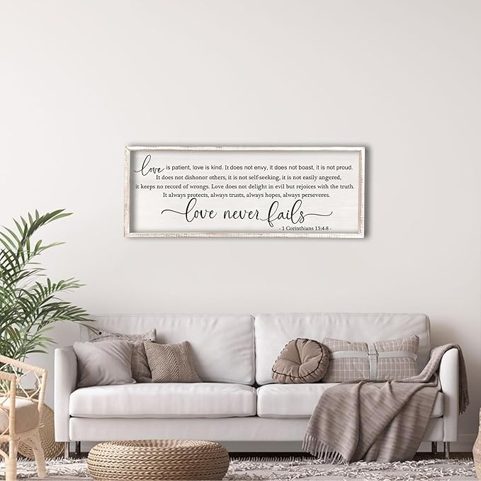 flowtorely Love is Patient, Kind Wall Art Decor 40"X15" Love Never Fails Sign 1 Corinthians 13 Bedroom Above Bed Large Bible Verse Quote Scripture Christianity Hanging Sign (White)