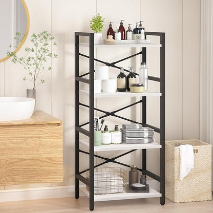 Yoobure 4 Tier Bookshelf - Small Book Shelf Industrial Bookcase, Narrow Book Case Book Storage Organizer for CD/Movie/Book, Bookshelves for Bedroom Office Living Room White