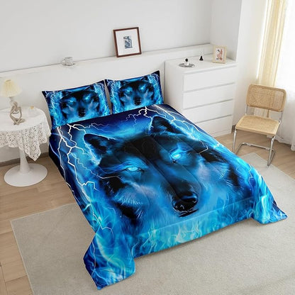 Wolf Bedding Set Safari Animal Pattern Comforter Cool Wildlife Style Comforter Set for Boys Girls Kids Room Decor Glitter Blue Wild Wolf Lightweight Duvet Set Full Size with 2 Pillow Case