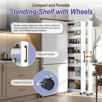 7-Tier Slim Storage Cart, Wooden Rolling Pantry Cabinet with Wheels, Narrow Shelf Organizer for Kitchen, Bakers Rack, Dining Room, Closet, Small Spaces Light Walnut 47.2" H*9.8" W*23.6" D