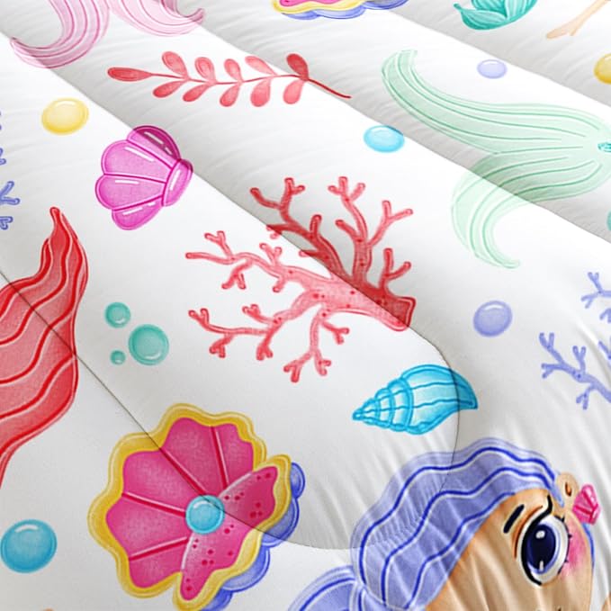 Mermaid Comforter Set Queen Size Fairy Tale Sea Shell Grass Bedding Set Starfish Quilt Bed Set for Kid Girls with 1 Comforter and 2 Pillowcases