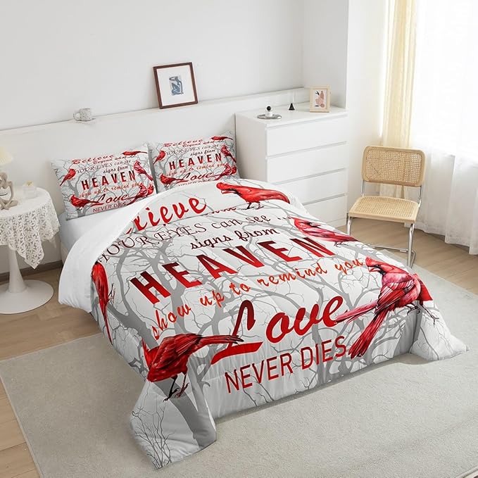 Cardinal Bird Comforter Set King Size Farmhouse Red Birds Bedding Set for Girls Boys Women Men Tree Branches Decor Comforter Nature Comforter with 2 Pillow Case